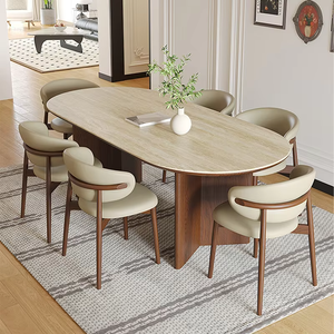 Ensemble de table à manger rétro française 6 places, style nordique moderne, meubles en bois, finition noyer, table de dîner antique pour la maison ou le restaurant - Product Image 3