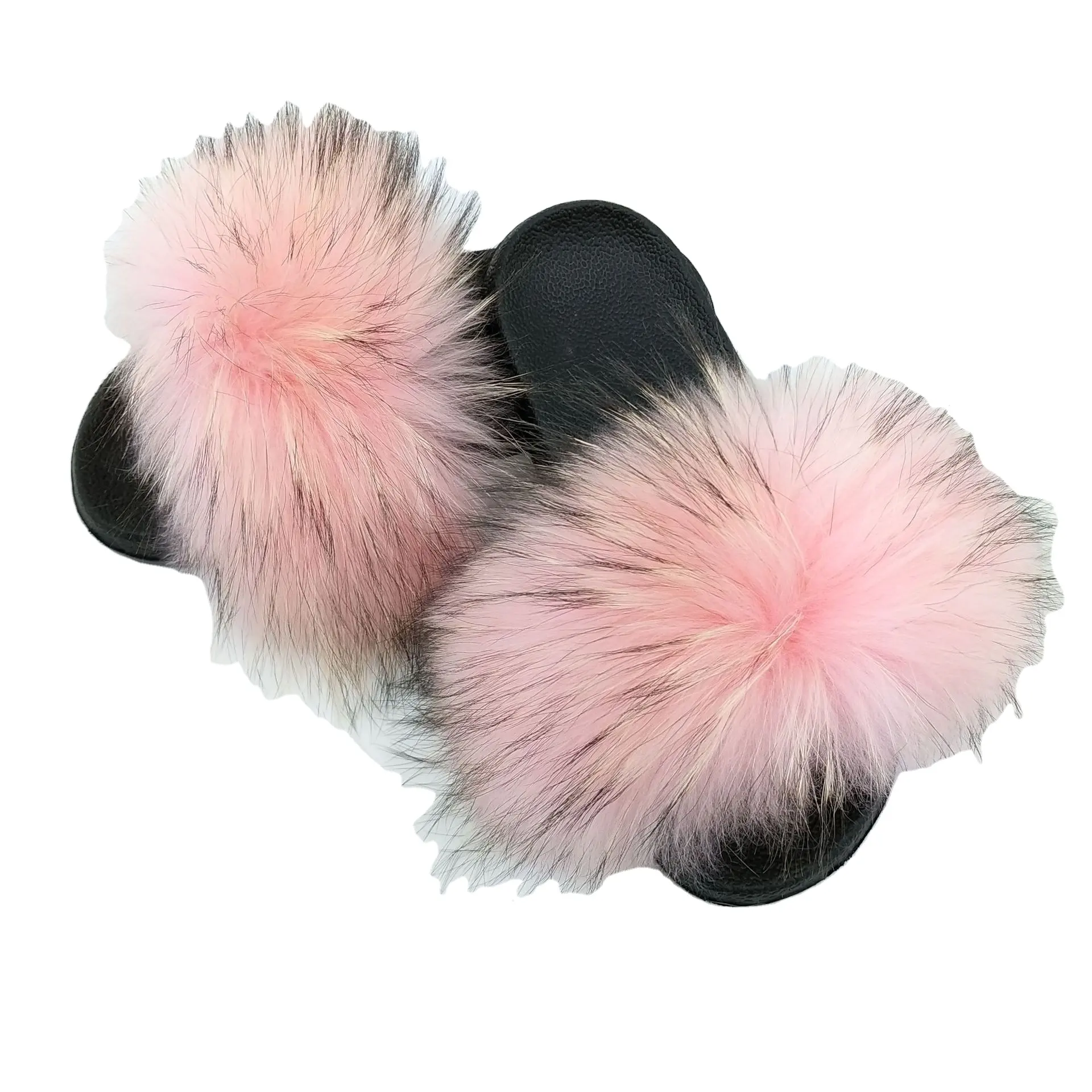 Real Raccoon Fur Slippers Women Slides Casual Fox Hair Flat Fluffy Home Summer Big Size 45 Furry Flip Flops Shoes 15% Off
