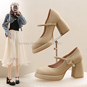 Zapatos de Tacón Cuadrado con Correa de Cuero Suave, Estilo Vintage, para Mujer, Transpirables, Cómodos, para Oficina, Vestir, de Caña Alta, para Verano - Product Image 1