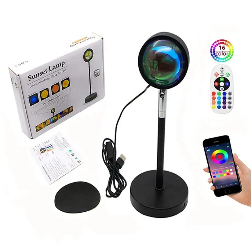 Hot bán mẫu miễn phí led hoàng hôn đèn 16 màu sắc rgb app với điều khiển từ xa cầu vồng ánh sáng ban đêm led hoàng hôn ánh sáng