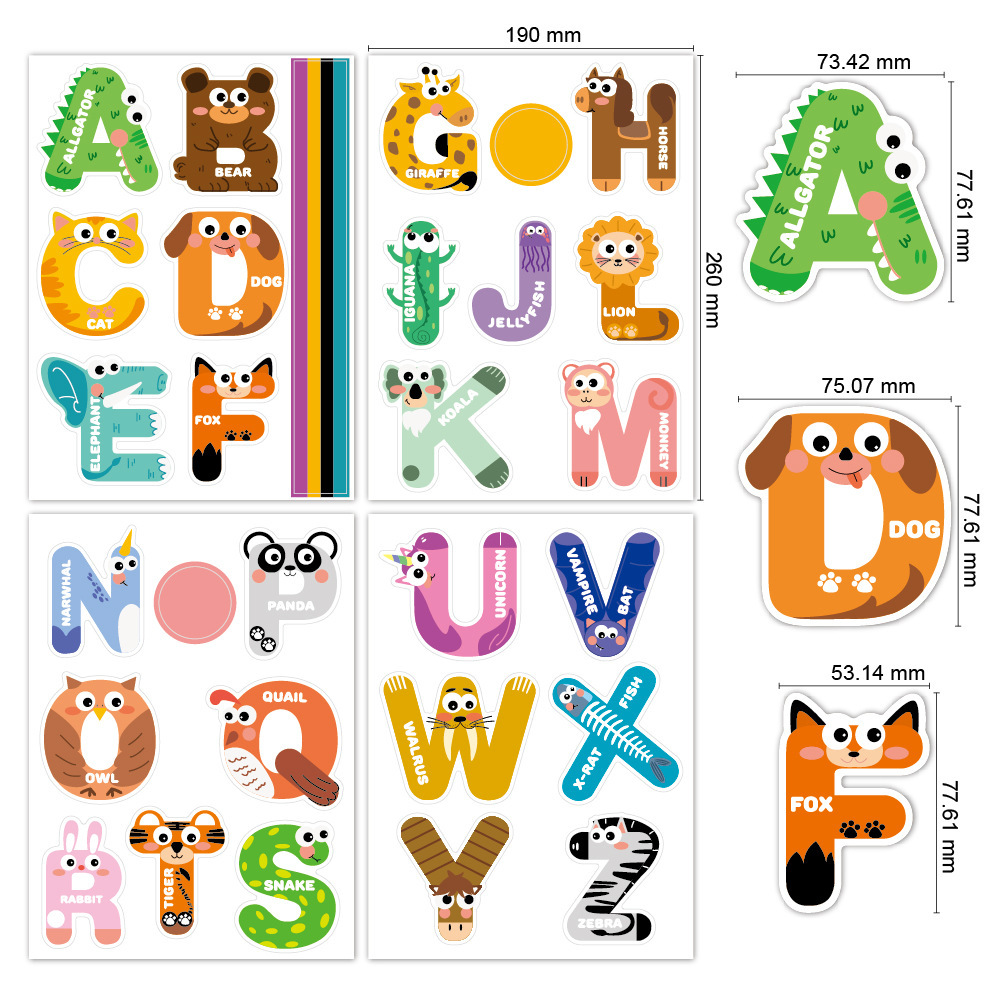 Pz034-cartoon animal alphabet stickers-4 sets