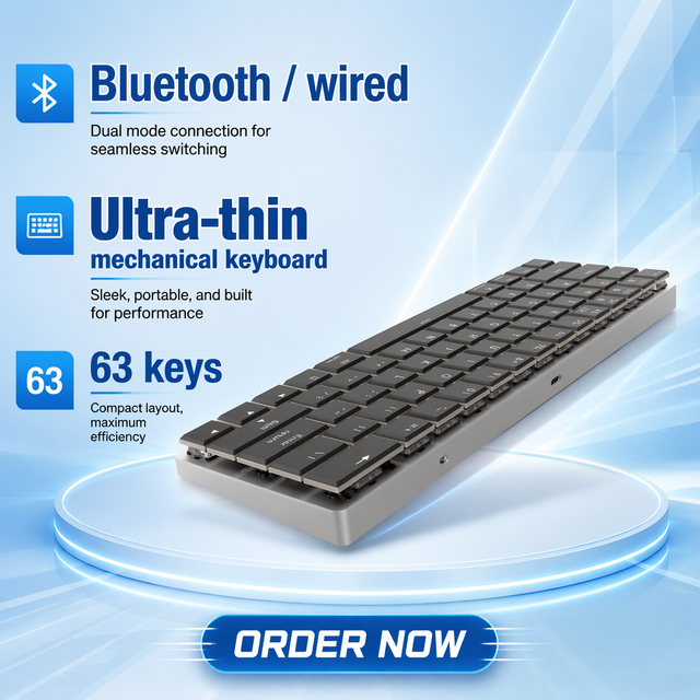 Ultra-Thin Aluminum RGB 63-Key Hot-Swap Mechanical Keyboard, 2000mAh /Wired USB-C for PC/Laptop