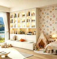 Mueble de Pared para Sala de Estar de Lujo, Estilo Cream, con Vitrina de Vidrio Estriado Arqueado, Almacenamiento Integrado y Banco