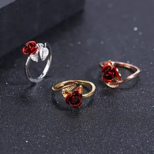 Bijoux fantaisie vente en gros Bague ajustable en cuivre Bagues à fleurs roses pour femmes Accessoires Cadeaux de fiançailles