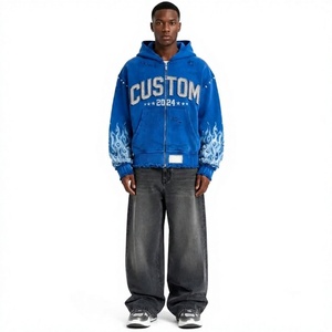 Sweat-shirt à capuche zippé en polaire bleu pour homme, lettrage personnalisé en strass, 100% coton, style streetwear d'hiver - Product Image 3