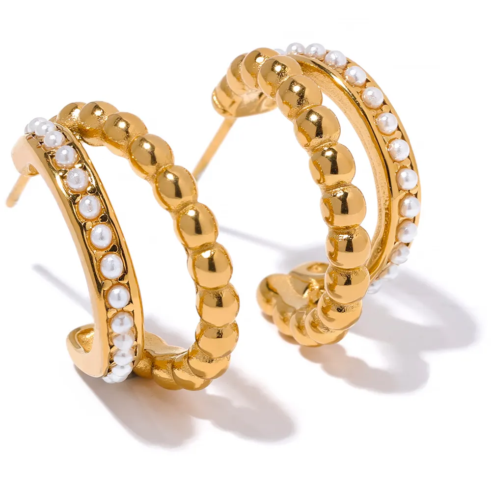 JINYOU 1419 Vintage Artificial Pearls 18K Gold Plated Stainless Steel Geometric Charm Earrings Women Fashion Waterproof Jewelry