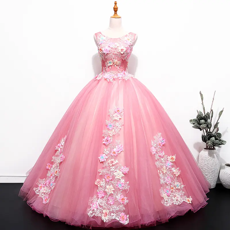 Abito da sera ragazze Princess Ball Gown abiti da festa per donna Appliqued Lace Pink Adult Quinceanera Dresses