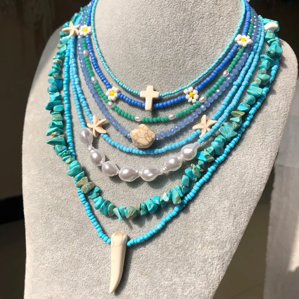 Bohemian phong cách Handmade Hạt dây chuyền màu xanh màu ngọc lam và Vòng cổ ngọc trai bộ