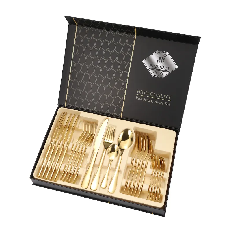 Coltello Cucchiaio Forchetta Set Placcatura In Oro Posate 24 PEZZI In Acciaio Inox Set di Posate Set di Posate