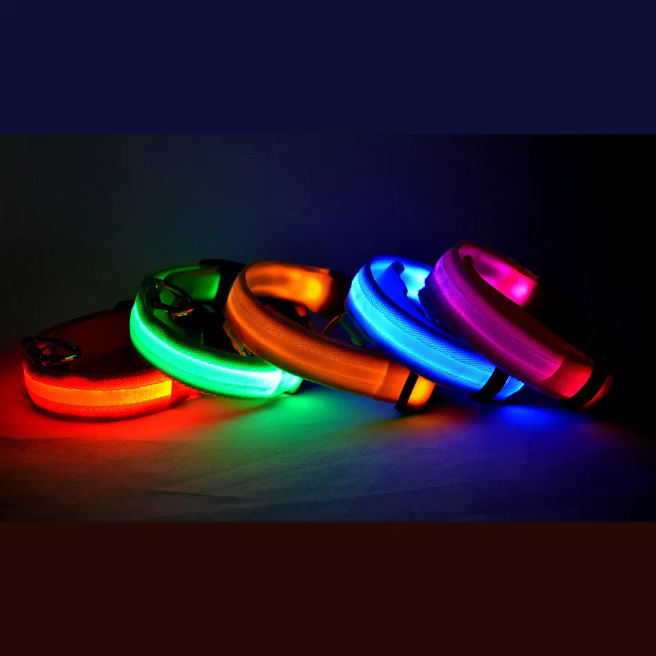 Luces Led Collar de perro para perro Poliéster ajustable Resplandor Noche Mascota ACCESORIOS Luminoso Collar intermitente Suministros para mascotas