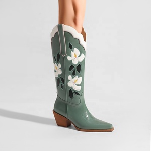 Handmade Green PU Leather Knee-High Western <strong>Cowboy</strong> <strong>Boots</strong> for Women Custom Floral Inlay Embroidered Pointed Toe Autumn Winter - Product Image 2
