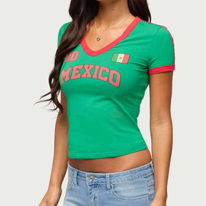 Top Corto de Verano 2026 para Mujer, Manga Corta, Estampado de Bandera Mexicana, Corte Ajustado, Versátil, Estilo Jersey - Product Image 2
