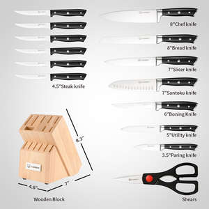 Ensemble de 15 couteaux de cuisine en acier à haute teneur en carbone avec support en bois véritable, aiguiseur intégré et ciseaux de cuisine - Product Image 2