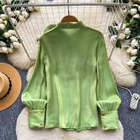 Kemeja Wanita Musim Panas Hiasan Bunga 3D Lengan Panjang Elegan Longgar Kerah Runcing Kancing Depan Blus Kasual