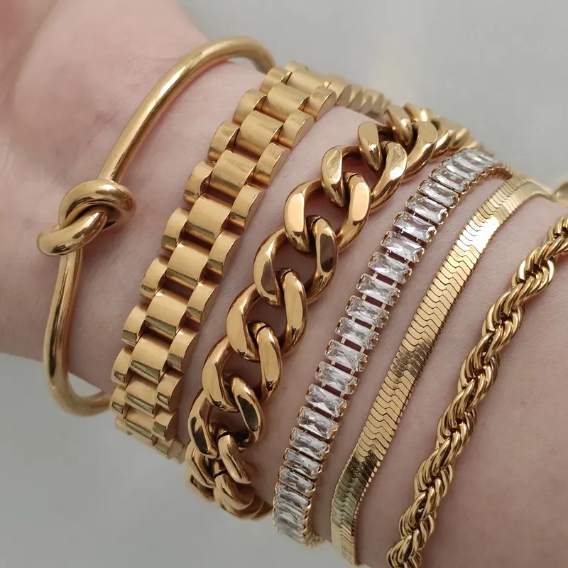 Pulseira de aço inoxidável, joias gratuitas de corte alto, bracelete de corrente banhada a ouro 18k
