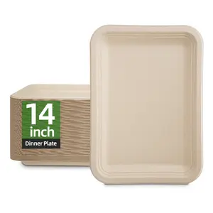 Assiette carrée de bagasse rectangulaire de 14 pouces vaisselle en papier de canne à sucre jetable dîner bagasse assiettes non blanchies