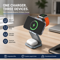 Dock Pengisian Daya Nirkabel Magnetik 3in1 Portabel, Dapat Dilipat, Sudut Dapat Disesuaikan, untuk iPhone, Android, Jam Tangan, dan Earbud