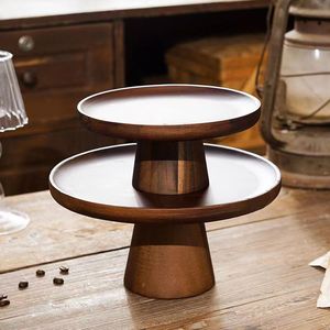 Japanese Style Acacia Wood Cake Stand Round Dark <b>Brown</b> Two Tier Dessert Display Tray For Home Coffee Tea Serving - Product Image 1