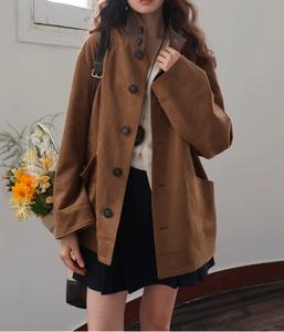 Giacca Autunnale Vintage da Donna, <span class=keywords><strong>Trench</strong></span> <span class=keywords><strong>Marrone</strong></span> Monopetto con Decorazione in Pelliccia di Coniglio, Tessuto Scamosciato Traspirante - Product Image 6