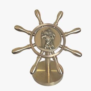 Brass <b>Ship</b> <b>Wheel</b> Sculpture With Religious Figure Home Decor Traditional Metal Handicraft Circular Design - Product Image 1