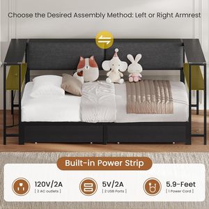 Ngu gục với ngăn kéo trẻ em khung giường đơn vị với Trạm Sạc góc giường với kệ lưu trữ tay vịn và tựa lưng bọc - Product Image 3