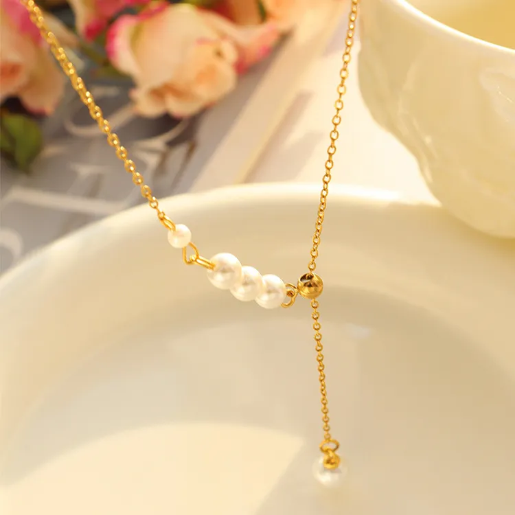 Simple Trendy 18K Gold Plated Imitation Pearl Tassel Necklace Stainless Steel Jewelry