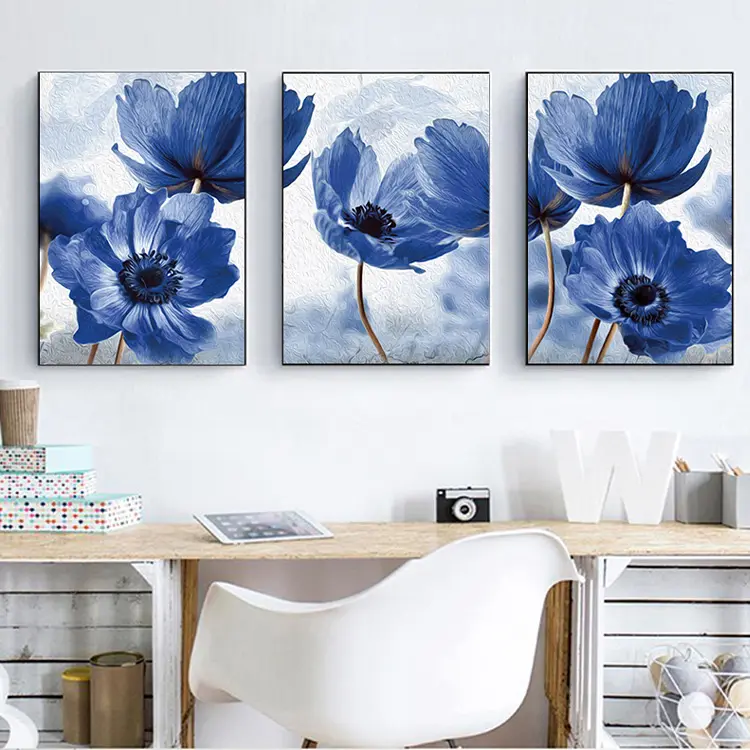 İskandinav tarzı güzel mavi çiçekler duvar sanatı ev dekor için minimalizm duvar resmi baskı tuval boyama oturma odası
