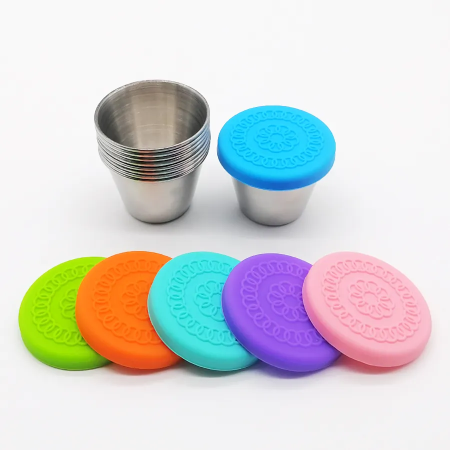 Contenedor de condimentos de acero inoxidable reutilizable, pequeño, 2,5 oz, tazas de Salsa de inmersión con tapa de silicona