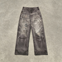 Fabricant de pantalons personnalisés pour hommes : Jeans baggy effet vieilli, Pantalons de charpentier en toile grise double genouillère, délavés à la pierre et effet vintage vieilli