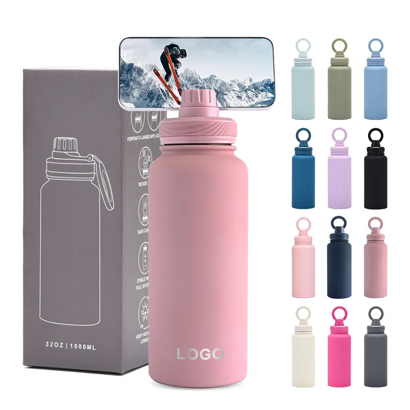 Custom 32 oz 32oz soft touch double wall Vacuum Insulated Stainless Steel magnetic magsafe water bottle with phone holder