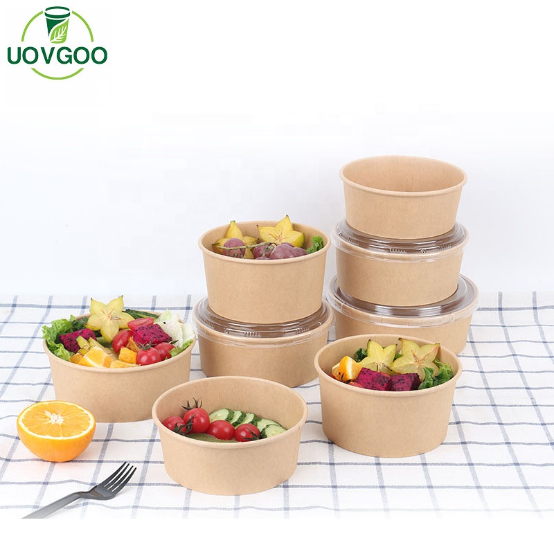 Custom Disposable Food Container Round Paper Plates Kraft Salad Bowl With Lids