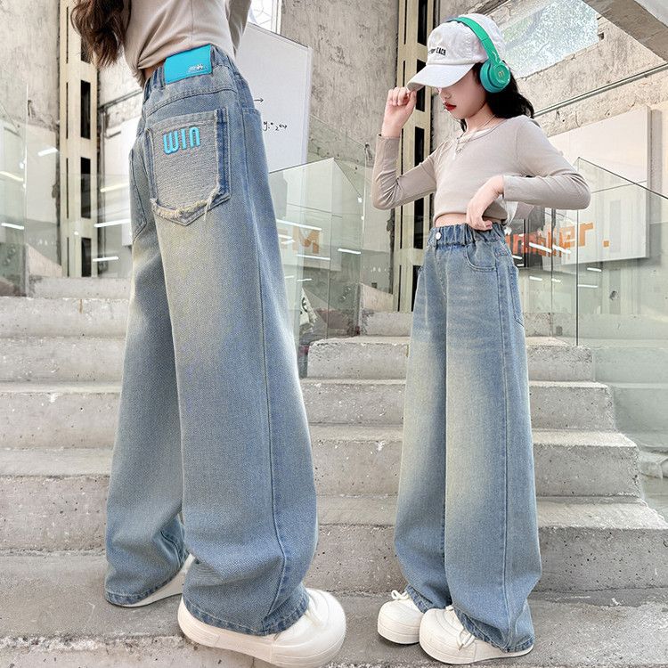 Blue letter wide-leg pants with leather label new style