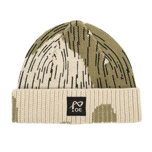 Low MOQ Custom Patch Jacquard Camouflage Warm Winter Beanies Wholesale Fashion Soft Heavy Cuffed Knit Hat For Men Women