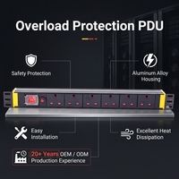 Barre d'alimentation OEM noire en alliage d'aluminium, type UK, 1U, 6 prises PDU avec interrupteur bipolaire et protection contre les surcharges