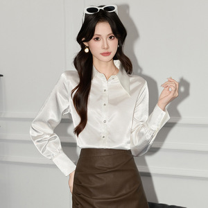 White <b>Satin</b> Long Sleeve Shirt For Women Office Wear Solid Color Elegant <b>Blouse</b> Polyester Fabric Q9841.9842 - Product Image 1