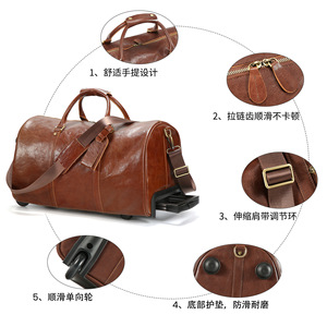 Sac de voyage vintage en cuir véritable Crazy Horse, valise à roulettes haut de gamme en cuir pleine fleur, sac de voyage d'affaires pour hommes 36-55L - Product Image 3
