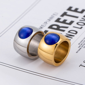 yunnique Men's Geometric <b>Titanium</b> Steel <b>Ring</b> With Blue Cat's Eye Effect Gold Plated Bezel Setting Jewelry Gift - Product Image 4