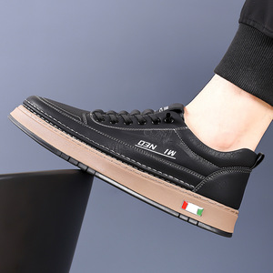 Tendances : Baskets plateforme en cuir véritable pour hommes, à lacets, bout rond, semelle extérieure en caoutchouc respirante, chaussures décontractées d'été - Product Image 4