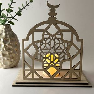 Decoración Musulmana para el Hogar, Regalo de Madera para la Familia, Mezquita Geométrica, Portavelas LED de Abedul Báltico para Eid - Product Image 1