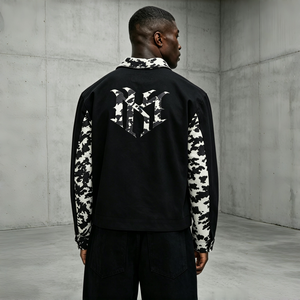 Spliced <b>Camo</b> Sleeve Zip Denim Coat with Side Slit Pockets for Urban Streetwear Hip Hop Party Look for Adult Males - Product Image 1