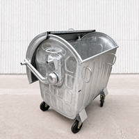 Conteneur à déchets métallique galvanisé à chaud de 1100 litres avec couvercle en acier et 4 roulettes pivotantes, 2 avec freins, pour la collecte des déchets municipaux