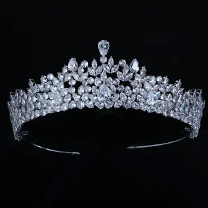 Corona de circonita chapada en oro de platino/24K para boda, accesorios para el cabello para novia, tiara para el pelo, joyería delicada para el cabello para mujer