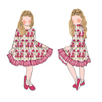 Vente chaude mode protéine de lait fibre décontracté rayé à volants enfant en bas âge filles motif floral robe à manches longues