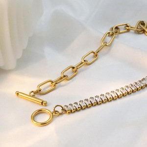 Gold Chain Spliced Zircon Necklace With Channel Setting Geometric Design For Everyday Wear 37cm Length - Product Image 2
