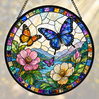 Attrape-soleil suspendu en vitrail avec papillons et fleurs, idéal pour cadeaux, 9*9cm/16x16cm/20x20cm/25x25cm/30x30cm