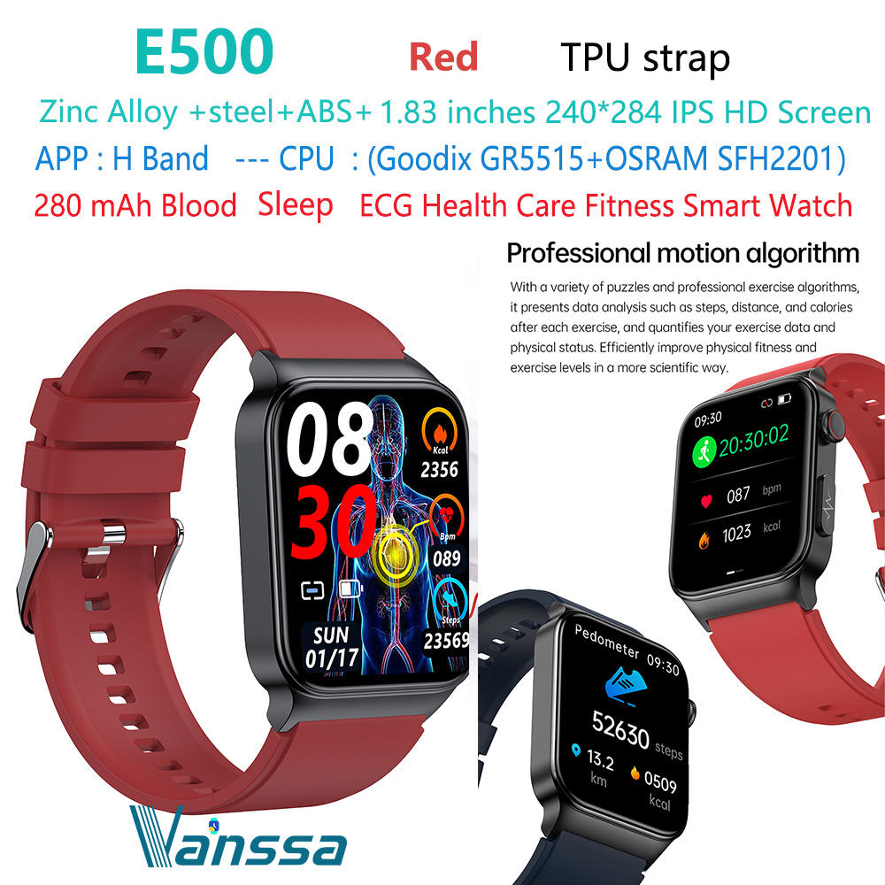 นาฬิกาอัจฉริยะสายรัด TPU สีแดง E500สุขภาพเลือด ECG