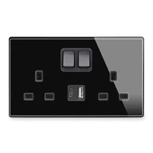 Painel De Vidro Temperado Completo Preto Luxo Universal 13A/16A REINO UNIDO Interruptor De Parede Tomadas USB + TIPO C Soquete Novo Design