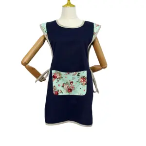 RUIHENG textil diseño moderno personalizado azul marino flor impresión gran bolsillo cocina trabajo sin mangas delantal