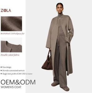 Gran oferta, abrigo largo de invierno informal para mujer, abrigo de cierre de Cinturón de piel de alpaca Suri de lana teñida lisa - Product Image 1
