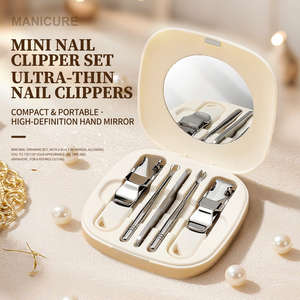 Mini kit de manucure et pédicure 5 pièces en acier inoxydable avec miroir, outils portables en boîte - Product Image 1